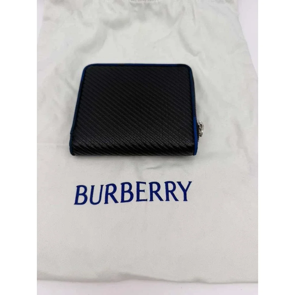 Burberry‎ Black Leather Zip Around Bifold Wallet Blue Trim Coin Pocket New